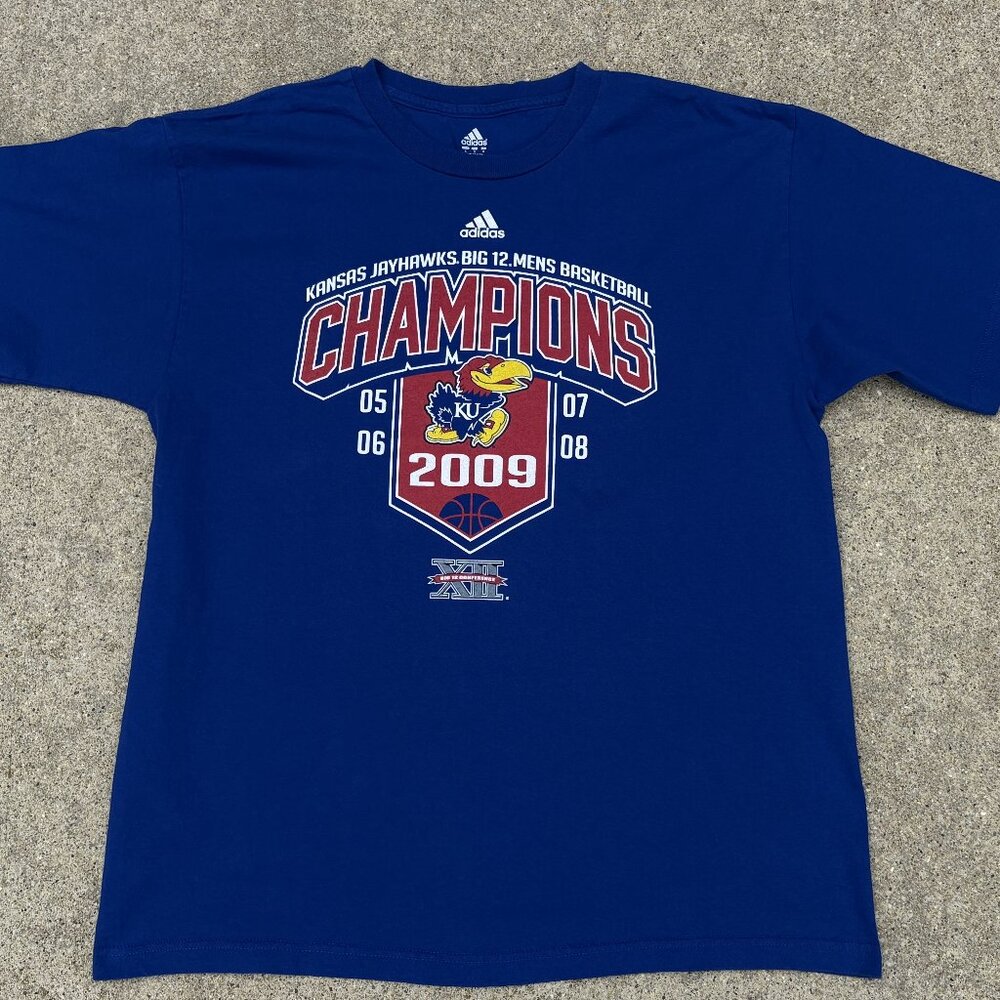 Kansas JAYHAWKS 2009 NCAA Champions t shirt Men's Large Adidas KU Basketball